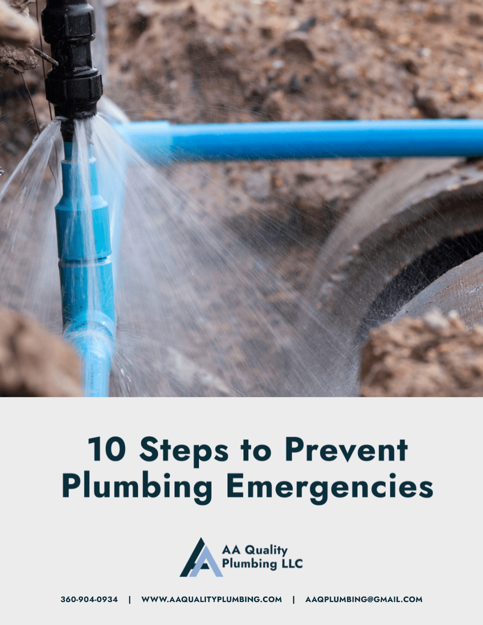 Plumbing Emergency Prevention Guide showing a broken PVC pipe.