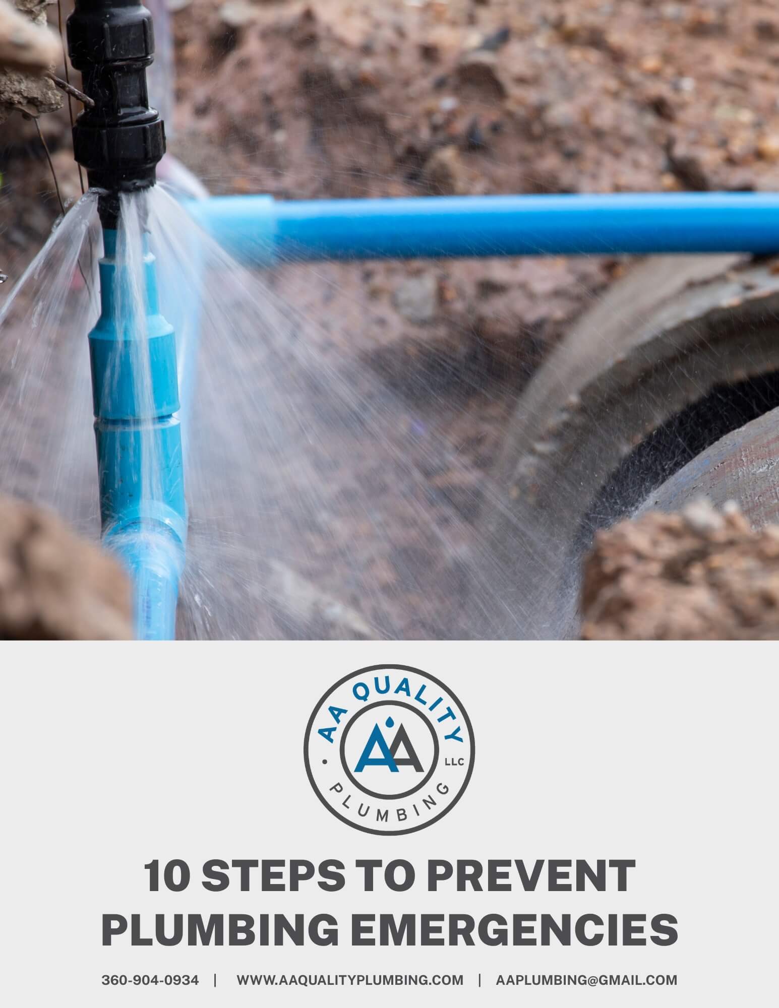 Plumbing Emergency Prevention Guide showing a broken PVC pipe.